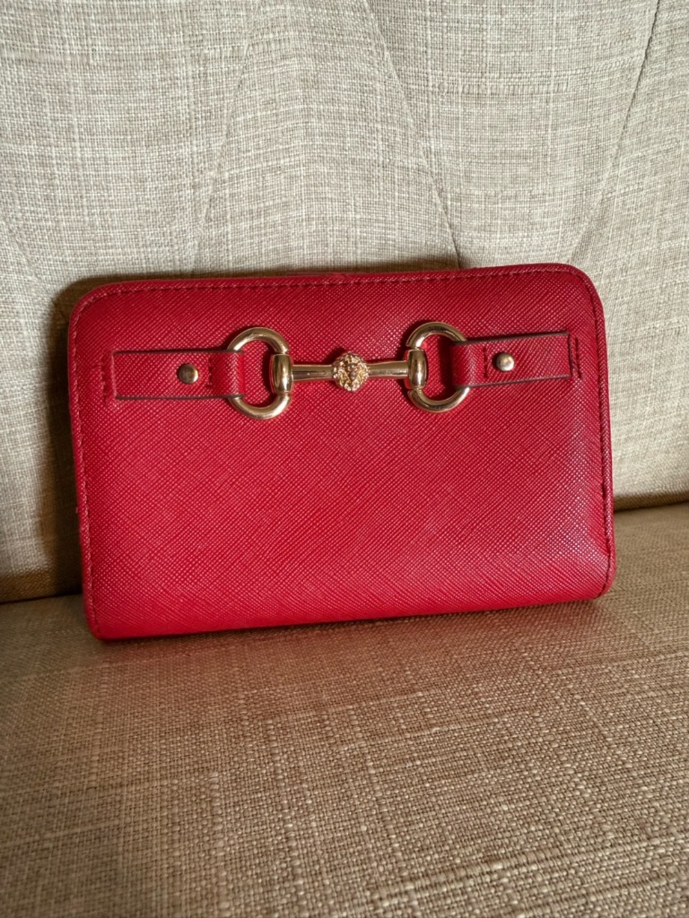 Anne Klein Saffiano Zip Wallet in Red with Gold Horsebit Detail